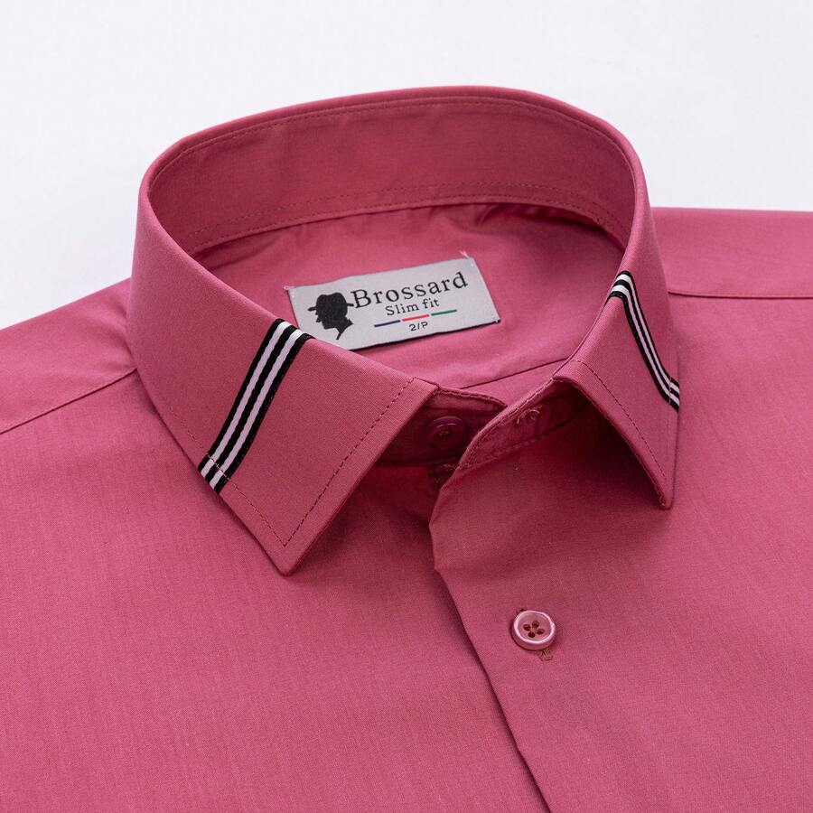 [Tedelon]56% Polyester 40% Cotton 4% Spandex ,Slim Fit Dress Shirt -Formal/Casual Shirt With Contrast Collar & Cuff Details, Breathable Cotton Blend For Business - 玫紅 - 查看 1