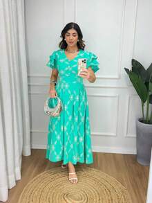Midi Dress Fabric Tulle Embroidered Lining Princess Sleeve Floral Leaf Cut And Sew Fabric Layered Buttons On Front Pleated Women's Long Dress Striped Formal And Evening Spring/Summer - 淺藍色 - 查看 1