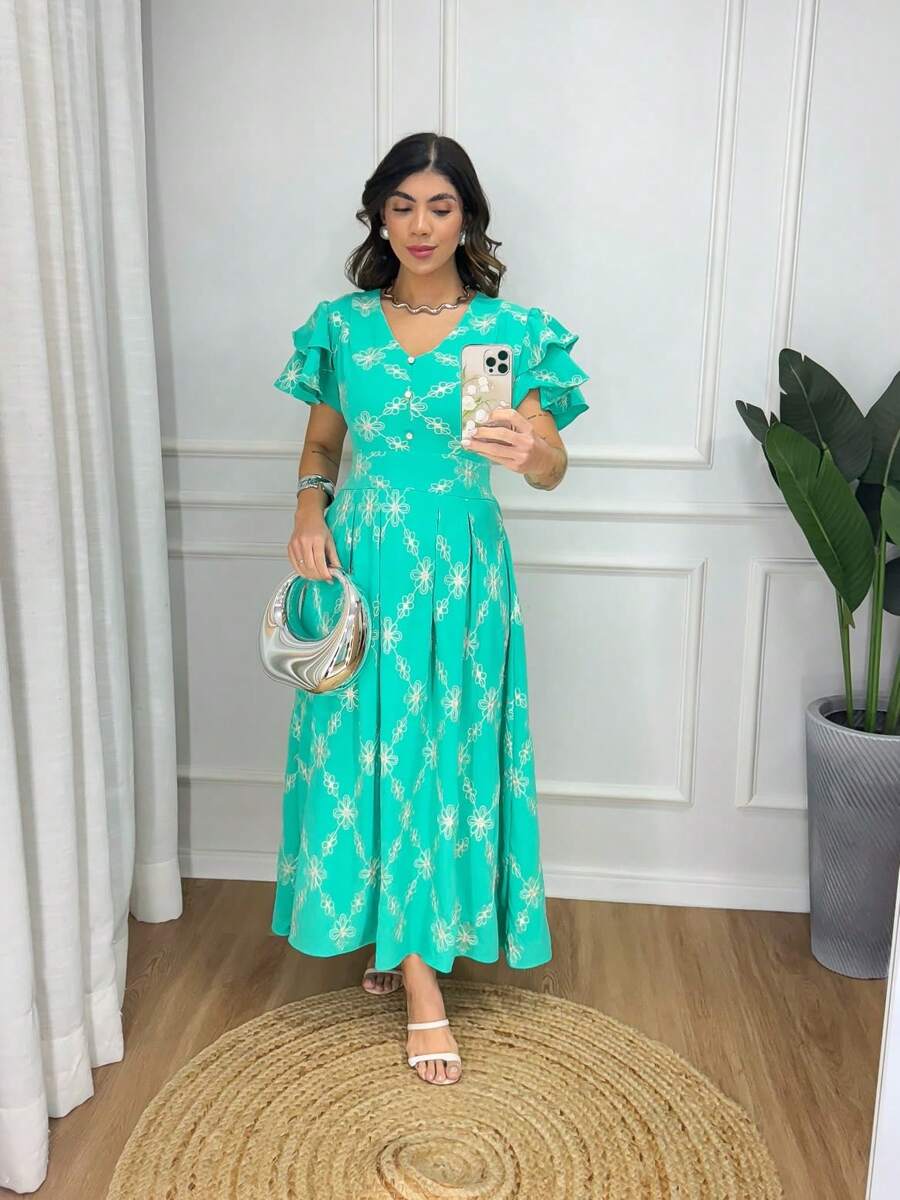 Midi Dress Fabric Tulle Embroidered Lining Princess Sleeve Floral Leaf Cut And Sew Fabric Layered Buttons On Front Pleated Women's Long Dress Striped Formal And Evening Spring/Summer - 淺藍色 - 查看 1