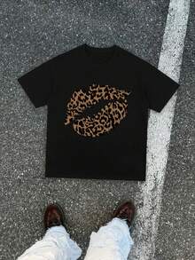 Leopard Lip Korean Retro Style Round Neck T-Shirt, Leopard Lip Print, Popular Short Sleeved Shirt, Men's T-Shirt, Comfortable And Breathable, 220g Pure Cotton Round Neck Short Sleeved Shirt, Classic Round Neck Design, Summer Casual Shirt, Suitable For All Seasons, Y2K Summer T-Shirt - 黑色 - 查看 1