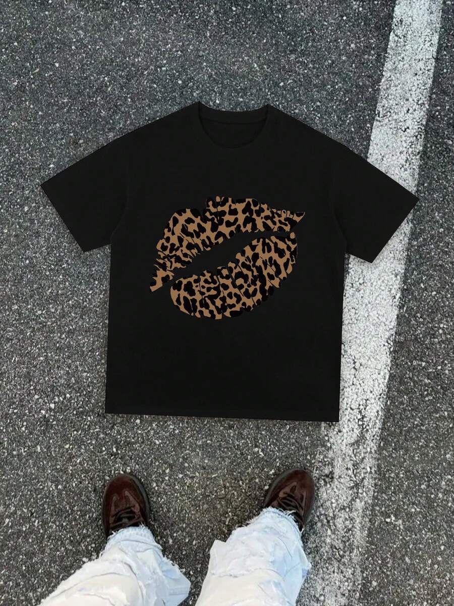 Leopard Lip Korean Retro Style Round Neck T-Shirt, Leopard Lip Print, Popular Short Sleeved Shirt, Men's T-Shirt, Comfortable And Breathable, 220g Pure Cotton Round Neck Short Sleeved Shirt, Classic Round Neck Design, Summer Casual Shirt, Suitable For All Seasons, Y2K Summer T-Shirt - 黑色 - 查看 1