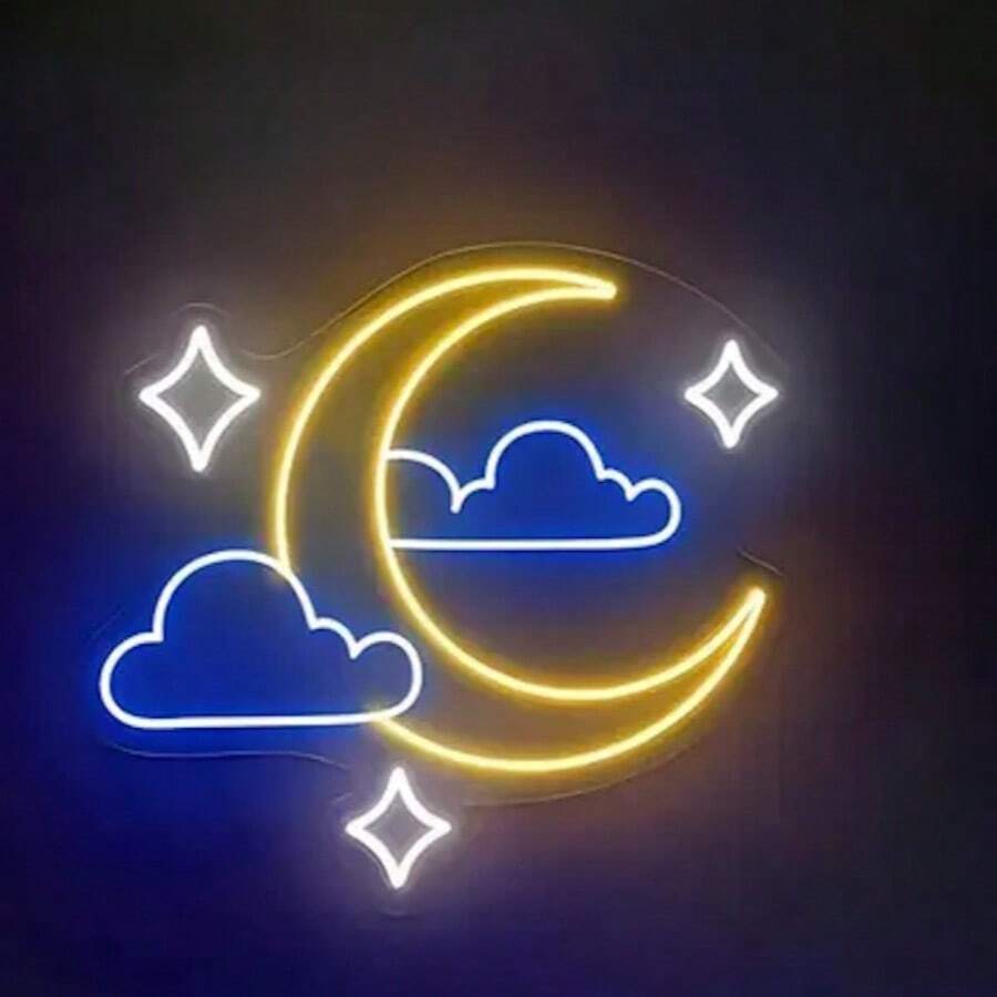 LED 霓虹灯 - 带星星和云彩的新月设计 - 塑料触摸控制壁挂霓虹灯，适用于卧室装饰 - 檸檬黃+冰藍+白色 - 查看 1