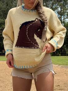 Women Horse Knit Sweater Y2k Graphic Cute Sweater Tops Long Sleeve Crewneck Oversized Sweatshirt Cute Preppy Chunky Jumper Knitwear Tops Streetwear - 黃色 - 查看 3