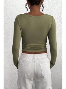 Women's 2026 Fall Long Sleeve Henley T Shirts Button Ribbed Knit Slim Fit Basic Tops Blouse Casual Outfits/Vacation Outfits Women/Valentine Outfits For Women - Xám Xanh Lá Cây - Xem 2