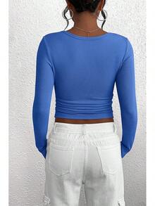 Women's 2026 Fall Long Sleeve Henley T Shirts Button Ribbed Knit Slim Fit Basic Tops Blouse Casual Outfits/Vacation Outfits Women/Valentine Outfits For Women - 寶藍色 - 查看 2