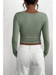 Women's 2026 Fall Long Sleeve Henley T Shirts Button Ribbed Knit Slim Fit Basic Tops Blouse Casual Outfits/Vacation Outfits Women/Valentine Outfits For Women - Cây xô thơm xanh - Xem 2