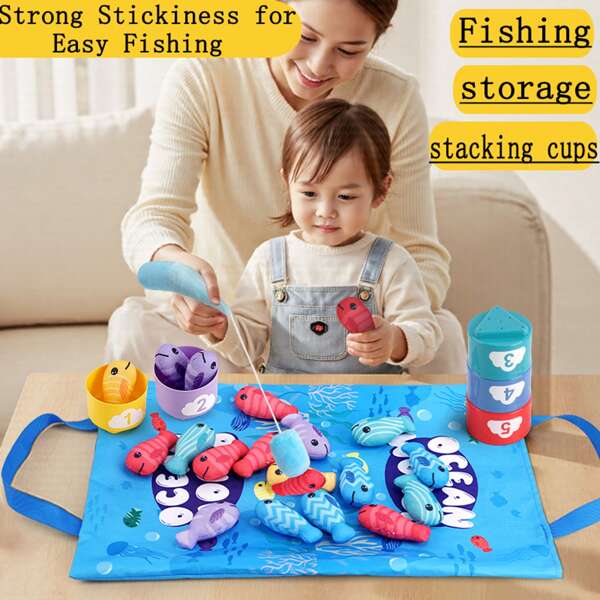 Conjunto de 22 peças de jogo de pesca infantil de tecido com copos empilháveis, incluindo vara de pescar, 15 peixes, 5 baldes de peixe empilháveis e 1 tapete oceânico que também pode ser usado como bolsa de armazenamento, projetado com gancho e alça
