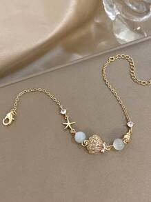 1 Peça Pulseira Pingente com Tema Oceânico Banhada a Ouro 18K para Mulheres e Meninas, Corrente de Elos com Estrela do Mar e Concha de Aço Inoxidável com Contas de Olho de Gato e Cubic Zircônia, Joia Boêmia Ajustável para Praia, Dia das Mães, Verão e Ocasiões Especiais