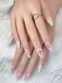 10 件/套手工短款按压指甲，夏季假指甲美甲用品海滩美甲长指甲适合女孩，时尚 3D 树脂杏仁指甲可重复使用适合教师、学生、办公室、旅行、优雅商务休闲