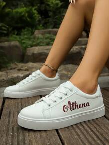 Women's New 2025 Versatile Letter Print Flat White Sneakers, Student Casual Shoes - White - View 5