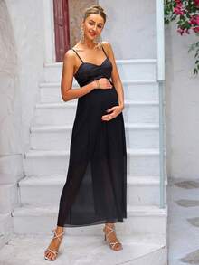 Joyfunear 孕妇夏季撞色网眼吊带休闲连衣裙 - 黑色 - 查看 3