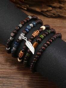 4/5 件/套复古波西米亚男士手链可调节木珠手链波西米亚堆叠套装节日羽毛叶饰物珠宝，多层手链套装，圣诞节新年情人节节日派对礼物，适合男女 - 彩色 - 查看 2