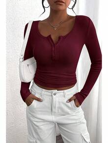 Women's 2025 Fall Long Sleeve Henley Shirts Button Ribbed Knit Casual Basic Tops Blouse - 酒紅色 - 查看 4