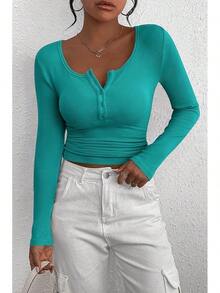 Women's 2026 Fall Long Sleeve Henley T Shirts Button Ribbed Knit Slim Fit Basic Tops Blouse Casual Outfits/Vacation Outfits Women/Valentine Outfits For Women - 孔雀石綠 - 查看 6