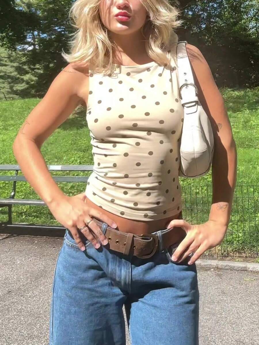Women's Y2k Polka Dot Tank Top Sleeveless Round Neck Slim Fit Vest Crop Tops Summer Basic Going Out Tops Tee Party Streetwear - 白色 - 查看 1
