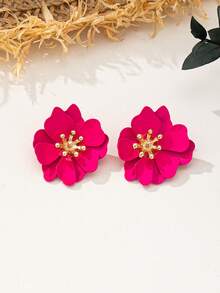 1 对时尚喷漆亮粉色花朵耳钉，适合女性度假佩戴