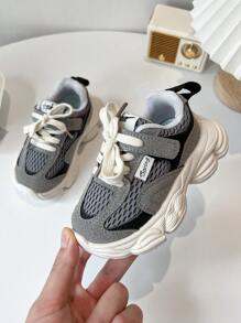 1 Pair Back To School Casual & Fashionable Baby Sports Shoes, Mesh Fabric & Pig Suede Patchwork Upper, Soft, Lightweight & Comfortable, Lace-Up And Hook And Loop Closure, Suitable For Indoor, Outdoor, Play And Holiday Occasions