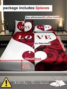 3 件红白心床单（1 件床单+2 件枕套，无填充物），14 英寸深口袋，可机洗，防过敏，高品质，床垫保护套卧室宿舍高清印花，适合所有季节房间装饰