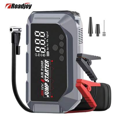 Arrancador portátil Roadjoy de 5000 A con compresor de aire de 12 V para motores de 4,5 a gasolina/6,0 litros, entrada/salida USB, pinza de arranque inteligente, pantalla LCD y 3 luces LED.
