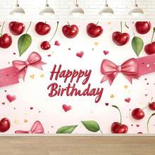 1 pieza Fondo de poliéster con mariposa Cherry Feliz Cumpleaños, decoración multifuncional roja dulce de niña Chery, sin necesidad de accesorios de estudio fotográfico