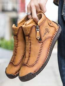 Men's Business Casual Shoes Outdoor Ankle Boots Soft Leather Comfortable Handmade Stitched Boots Flat Shoes, Autumn/Winter - Black - View 2