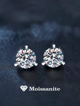 2pcs Fashionable Luxury 925 Sterling Silver 1Carat X 2 Moissanite Stud Earrings, Suitable For Women's Daily Wear, Party, Holiday, Valentine's Day, Mother's Day, Birthday, Wedding Anniversary, Women's Jewelry Gift