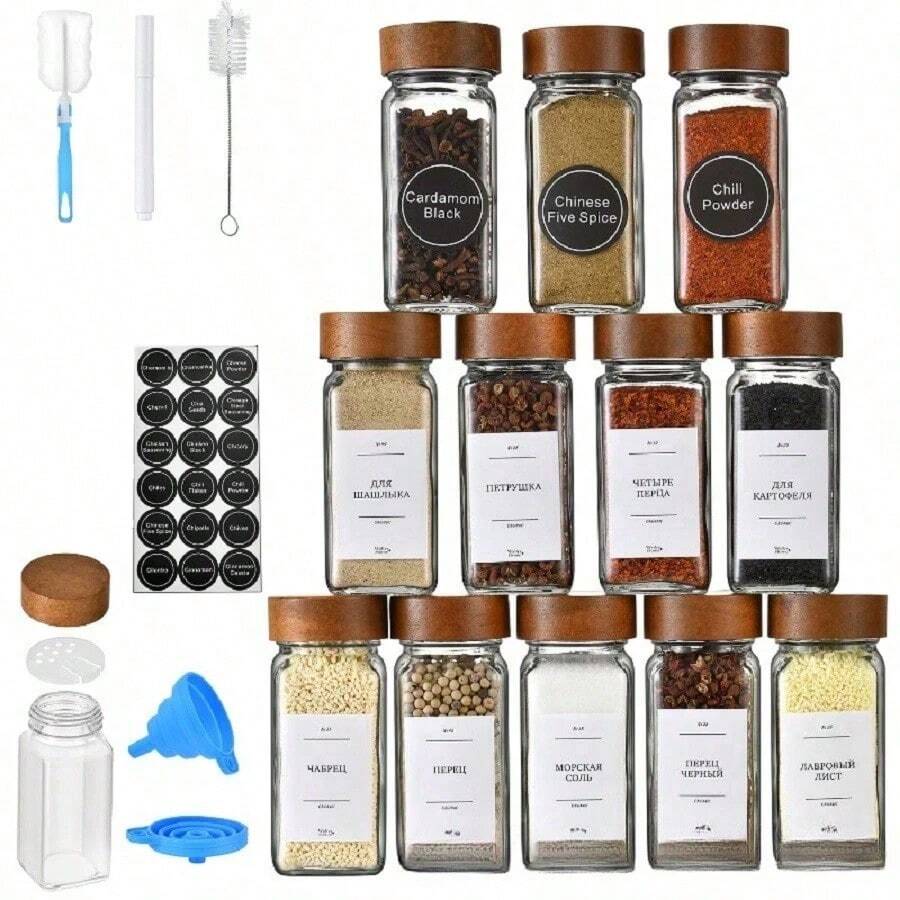 24pcs/12pcs Spice Jars With Labels, Spice Jars With Lids And Labels, 4oz Square Spice Container With Stickers + Funnel + Pen + Brush, Spice Container Set, Spice Storage Box, Kitchen Set With Pepper Grinder