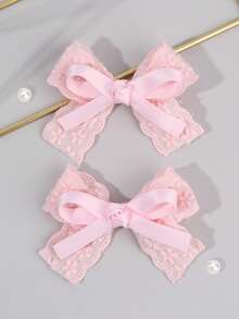 2个粉色发夹，女童粉色刺绣花朵蝴蝶结发夹，纯色缎面蝴蝶结鳄鱼夹，女童布艺蕾丝蝴蝶结发夹，婚礼派对发饰，婴儿发饰 - 粉色 - 查看 2