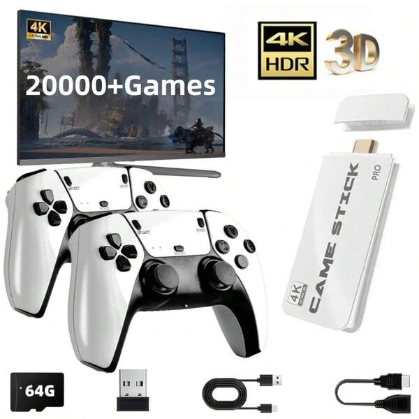 Consola portátil/para TV M15 Retro Game Stick de 64 GB con 20.000+ juegos, controladores inalámbricos y soporte para 2 jugadores para PS1/GBA/Arcade (talla grande de 20 emuladores) - Sistema mini HD enchufar y jugar