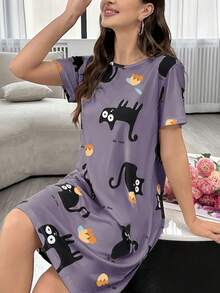 Váy ngủ tay ngắn rộng rãi, mềm mại, thoải mái, họa tiết mèo hoạt hình dành cho nữ - Màu tím - Xem 3