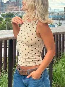 Women's Y2k Polka Dot Tank Top Sleeveless Round Neck Slim Fit Vest Crop Tops Summer Basic Going Out Tops Tee Party Streetwear - 白色 - 查看 6