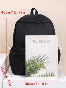1 szt. Czarny nylonowy materiał, gładki zamek błyskawiczny, nadruk liter, dekoracja, sznurek ściągający, modny, jednolity kolor, duża pojemność, plecak unisex z przegrodą na komputer - Czarne - Zobacz 4