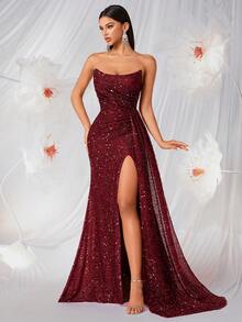 ADYCE 优雅亮片无肩带褶皱高腰高开衩长款缎面露背系带礼服，适合舞会、生日派对、正式晚宴、约会、返校节、婚礼宾客、正式晚宴、家庭聚会等多种场合。 - 酒紅色 - 查看 5