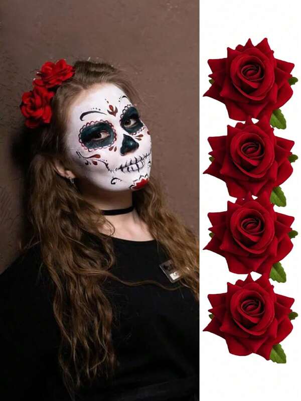 4 pièces Pince à cheveux rose de simulation d'Halloween, pince à cheveux fleur rose vintage, accessoire de costume d'Halloween - Broche fleur rose réversible, pinces à griffes, pinces à cheveux, barrettes à cheveux