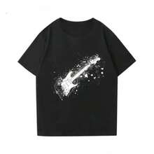 BREATHABLE COOL SUMMER Fenders Electric Guitar Short SLEEs Ved Printed T-Shirt For Boys, Guitarist Performance Outfit, Rock Band Pure Cotton - Black - View 1