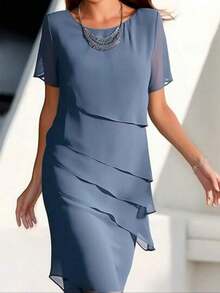 Solid Color Chiffon Patchwork Round Neck Fitted Dress - Blue - View 1