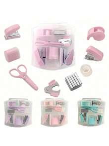 1件套办公用品，桌面配件，8合1办公用品套装，包含打孔器、起钉器、订书机、胶带座、小卷胶带、卷笔刀、剪刀和500枚10号订书钉。学生文具套装，职场礼品——送给学生和同事的完美礼物。