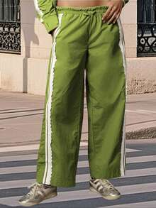 Women's Summer Baggy Track Pants Stylish Lace Side Striped Mid Rise Wide Leg Drawstring Trousers - Green - View 5