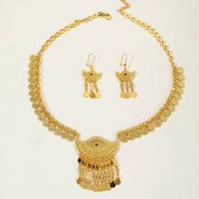 1 Set Middle Eastern Style Bridal Necklace & Earrings Set, Gold Hollow Coin Tassel Wedding Jewelry Accessories