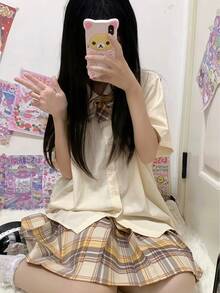 1pc Japanese Style JK Uniform Set, Apricot Loose Fit Babydoll Collar Short Sleeve Top + Plaid Pleated Skirt 2 Pieces Basic Student School Outfit - Apricot - View 3