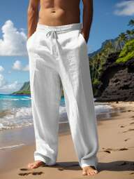 1 pieza Pantalones de lino con cordón para hombres, pantalones casuales para todas las estaciones, uso diario casual, salidas de fin de semana, mezcla de lino, unicolor, tela de punto, pantalones de yoga y playa, un gran regalo para novios o esposos