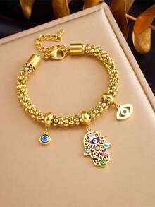 1 件不锈钢油滴眼掌装饰手链，女士百搭时尚配饰