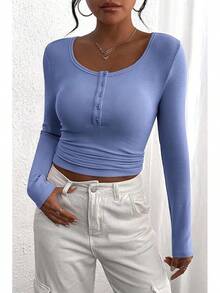 Blusas casuales básicas de mujer con botones y punto acanalado de manga larga para verano y otoño 2025 - Neblina azul - Ver 1