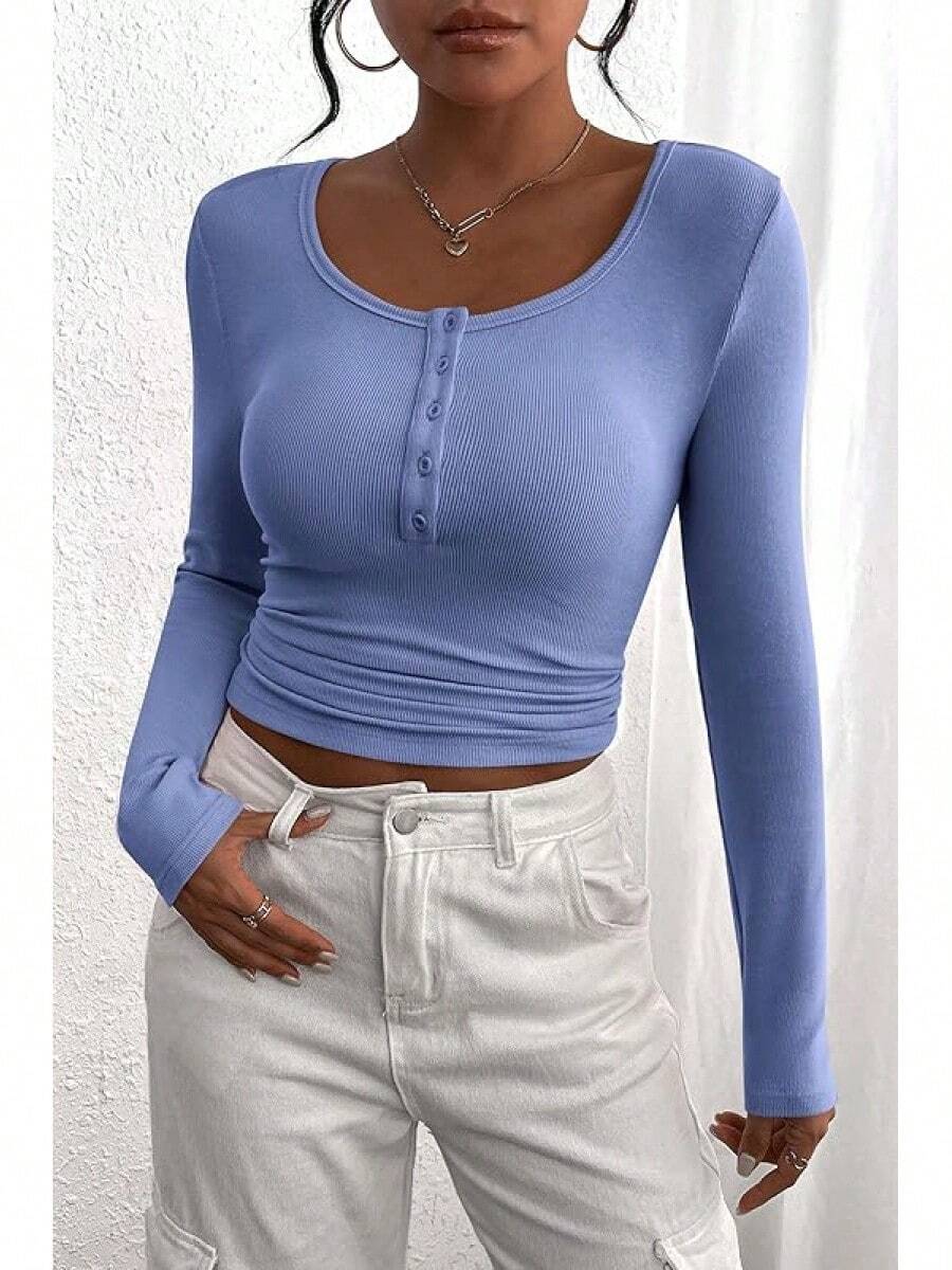 Blusas casuales básicas de mujer con botones y punto acanalado de manga larga para verano y otoño 2025 - Neblina azul - Ver 1