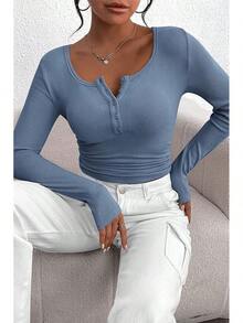 Women's 2025 Fall Long Sleeve Henley Shirts Button Ribbed Knit Casual Basic Tops Blouse - Xanh xám - Xem 5