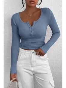 Women's 2025 Fall Long Sleeve Henley Shirts Button Ribbed Knit Casual Basic Tops Blouse - Xanh xám - Xem 7