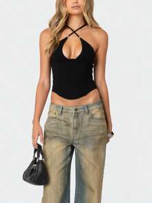 Women Sexy Crop Tops Beaded Corset Tops Crossover Straps Halter Tops Summer Sleeveless Slim Open Back Camisole Back Zip Tank Tops For Party Clubwear Streetwear Going Out Blouse - 黑色 - 查看 5