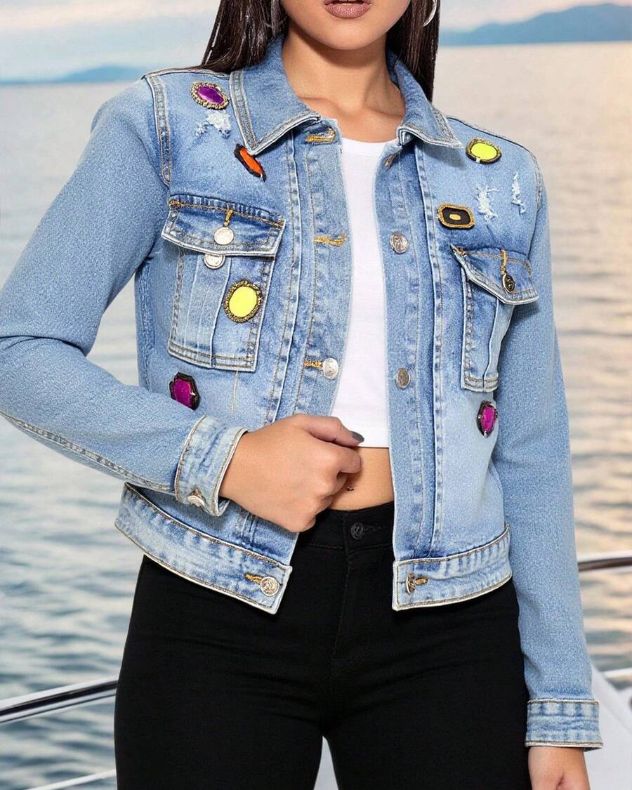 Chaqueta Vaquera con Decoración Colorida, Estilo Lujoso e Individual - Lavado ligero - Ver 1