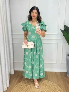 Midi Dress Fabric Tulle Embroidered Lining Princess Sleeve Floral Leaf Cut And Sew Fabric Layered Buttons On Front Pleated Women's Long Dress Striped Formal And Evening Spring/Summer - 綠色 - 查看 1