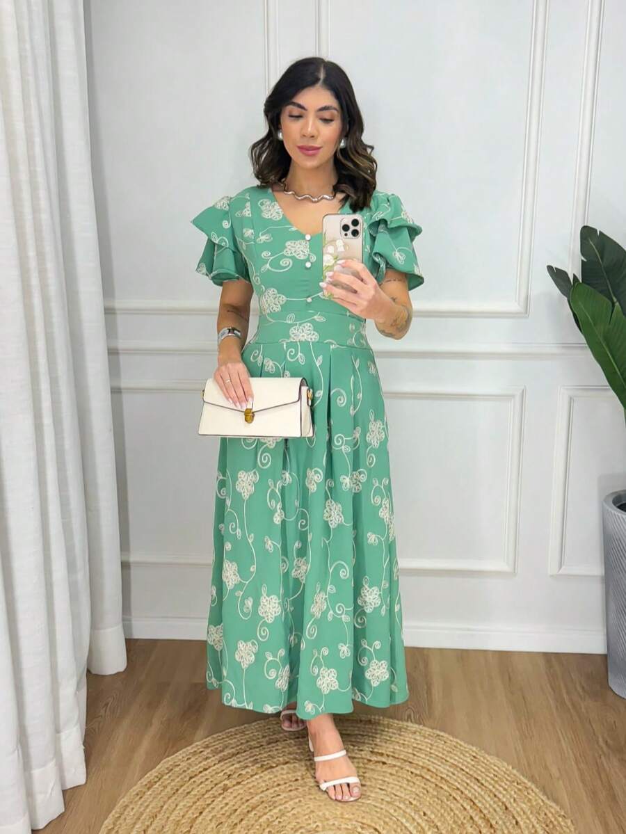 Midi Dress Fabric Tulle Embroidered Lining Princess Sleeve Floral Leaf Cut And Sew Fabric Layered Buttons On Front Pleated Women's Long Dress Striped Formal And Evening Spring/Summer - 綠色 - 查看 1